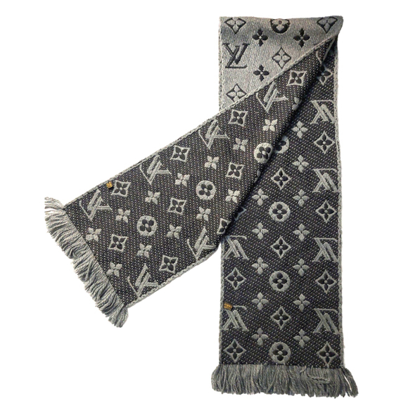 Louis Vuitton LV Monogram Logomania Gray Black Cashmere Silk Scarf Pre-Owned - Picture 6 of 16